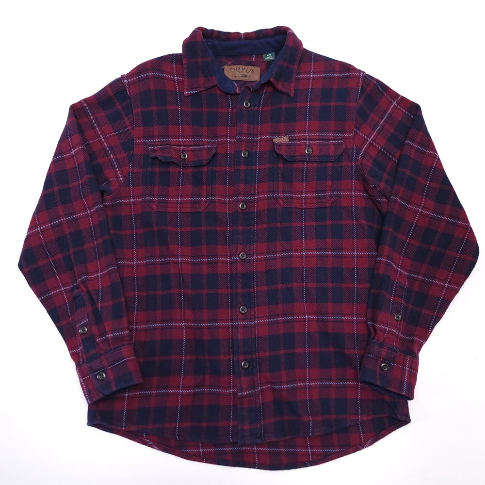 Orvis Mens Plaid Flannel Button Down Shirt Burgundy Navy Blue Medium